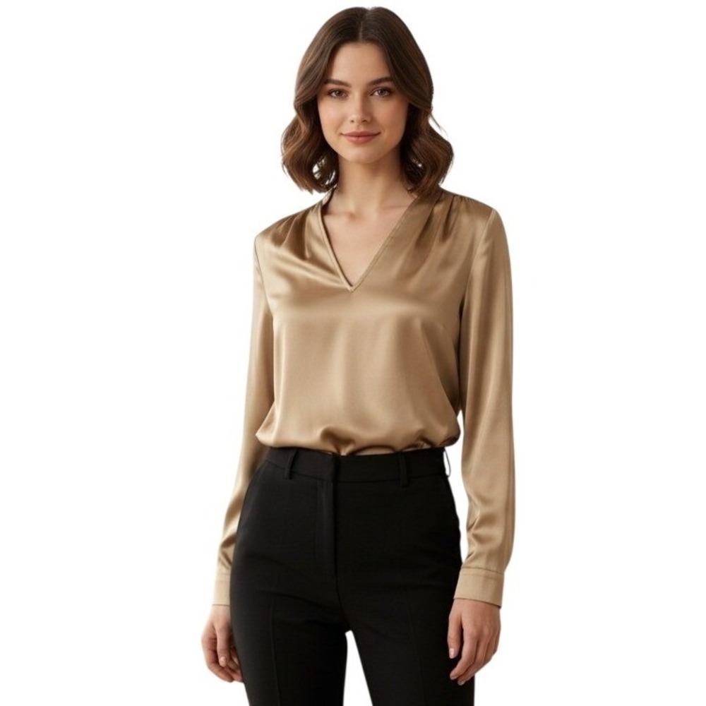Elie Tahari Silk Satin Bronze Gold Women's Long Sleeve V Neck Shirt XS Nwot $298